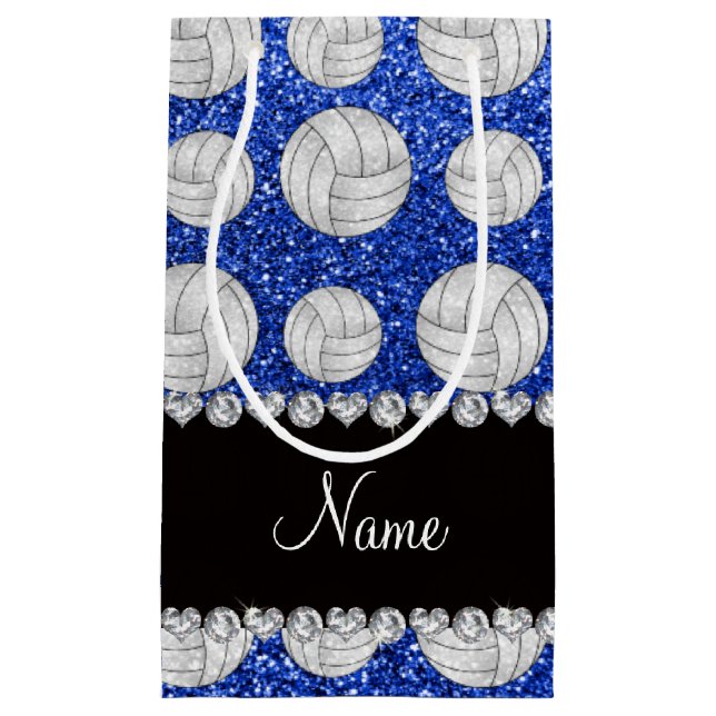 Custom name blue glitter volleyballs small gift bag (Front)