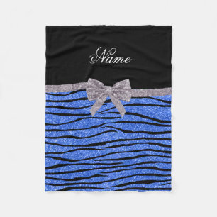 Custom name blue glitter zebra stripes silver bow fleece blanket
