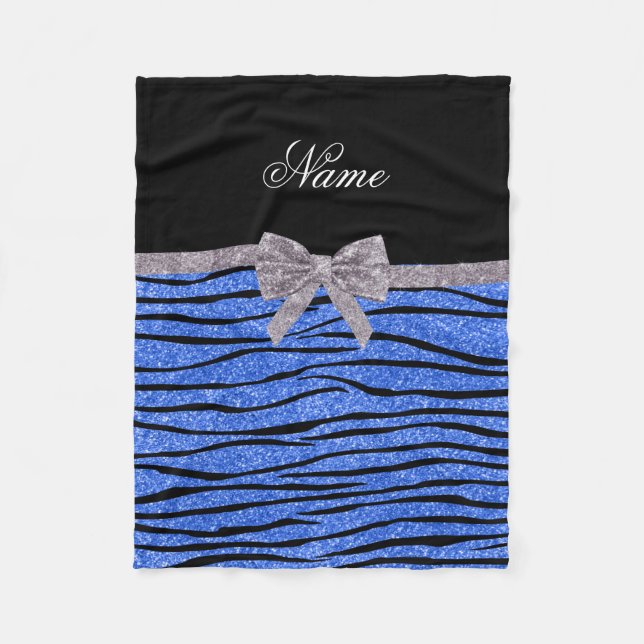 Custom name blue glitter zebra stripes silver bow fleece blanket (Front)