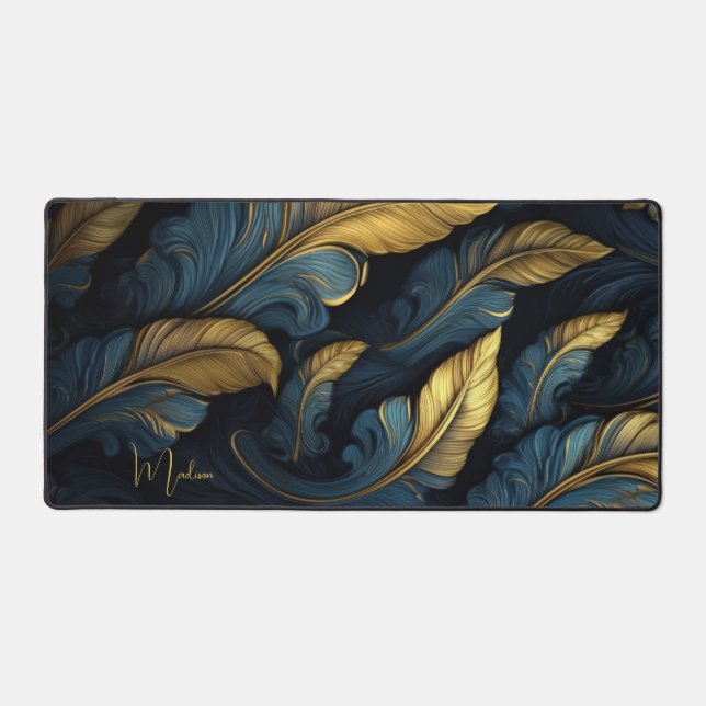 Custom Name Blue - Gold Leafs Desk Mat (Front)
