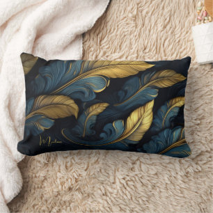 Custom Name Blue - Gold Leafs Lumbar Pillow
