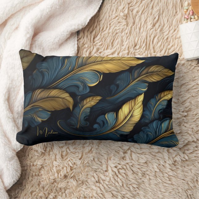 Custom Name Blue - Gold Leafs Lumbar Pillow (Blanket)