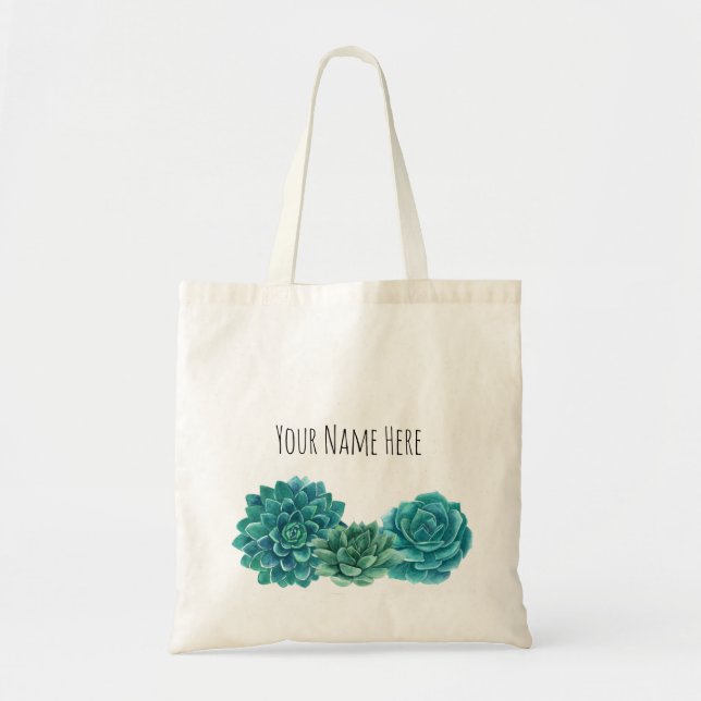 Custom Name Blue Green Succulents Tote Bag (Front)