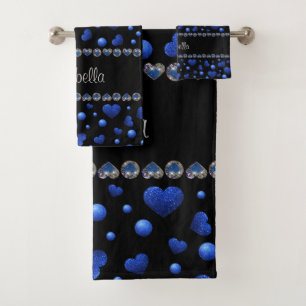 Custom name, Blue heart glitter pattern  Bath Towel Set