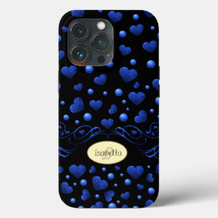 Custom name, Blue heart glitter pattern  iPhone 13 Pro Case