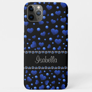 Custom name, Blue heart glitter pattern iPhone 11 Pro Max Case
