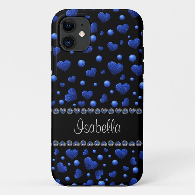 Custom name, Blue heart glitter pattern Case-Mate iPhone Case (Back)