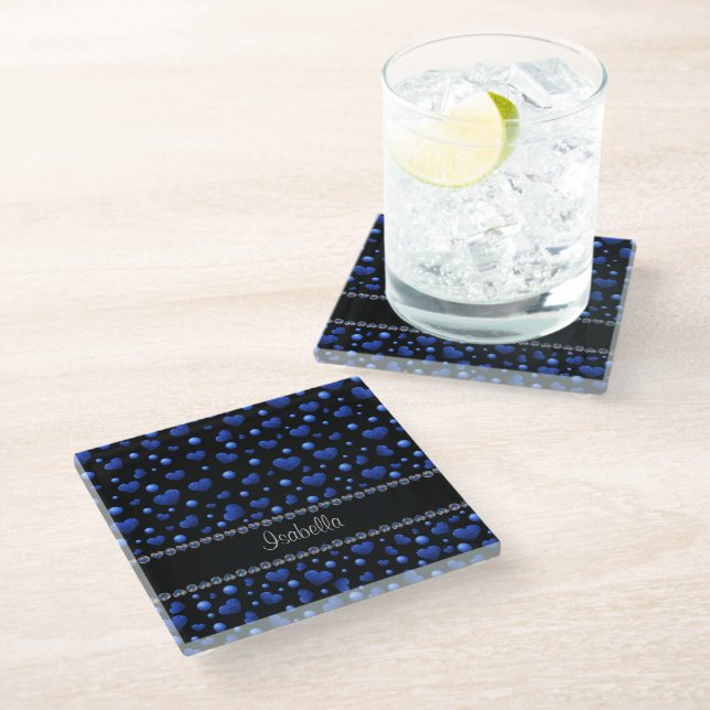 Custom name, Blue heart glitter pattern  Glass Coaster (Angled)