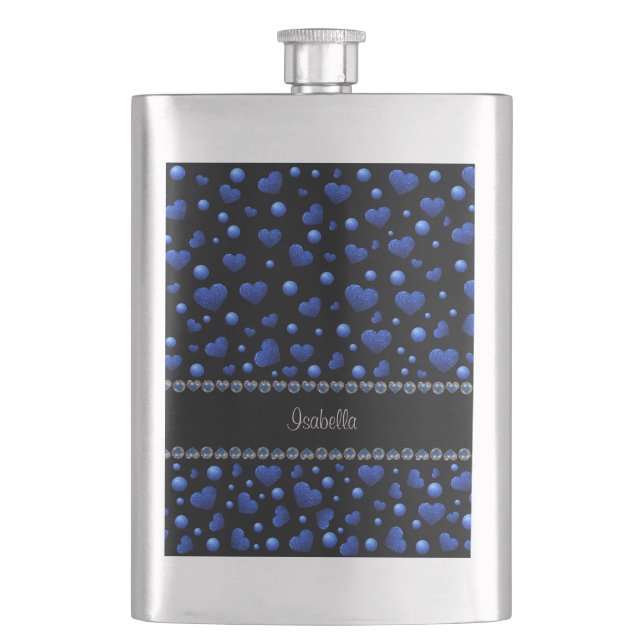 Custom name, Blue heart glitter pattern  Hip Flask (Front)