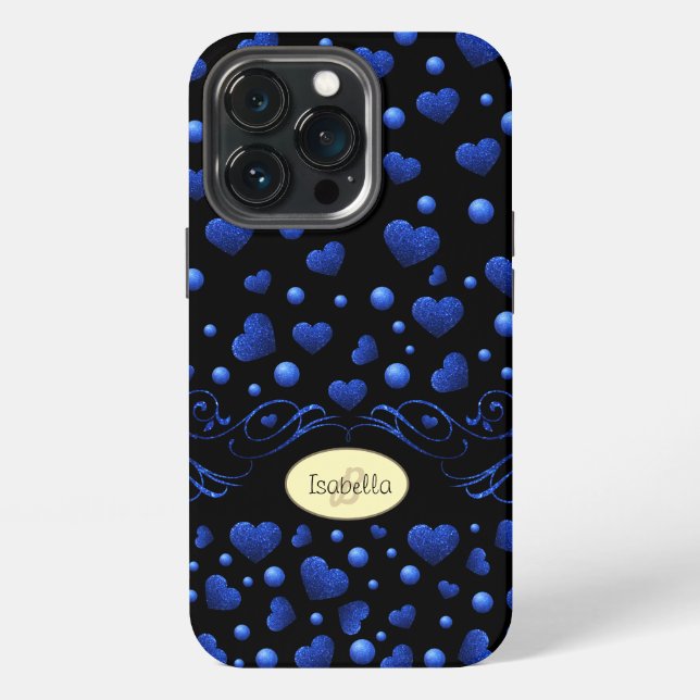 Custom name, Blue heart glitter pattern  iPhone Case (Back)