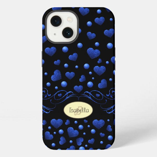 Custom name, Blue heart glitter pattern  iPhone Case (Back)