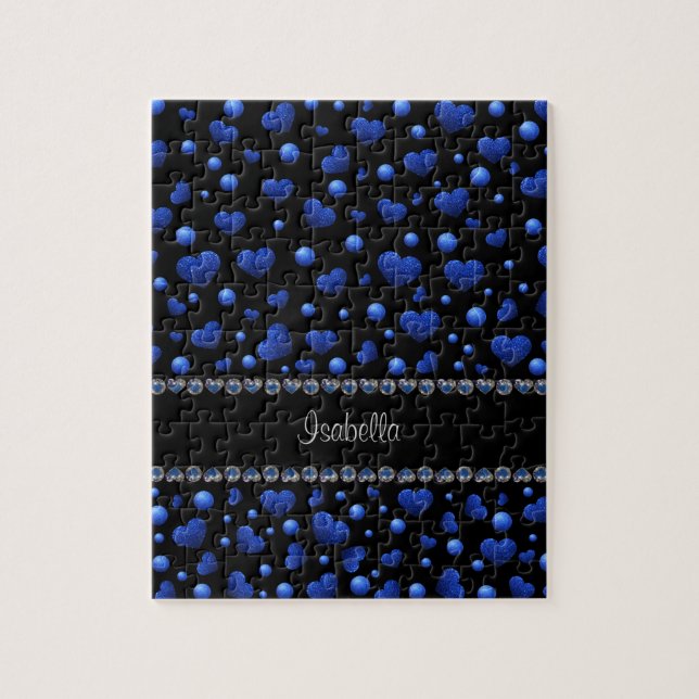 Custom name, Blue heart glitter pattern Jigsaw Puzzle (Vertical)