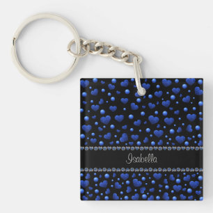 Custom name, Blue heart glitter pattern   Keychain