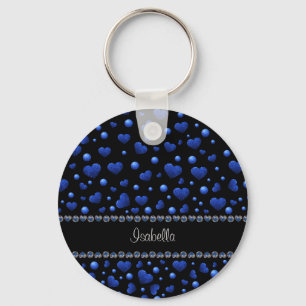 Custom name, Blue heart glitter pattern Keychain