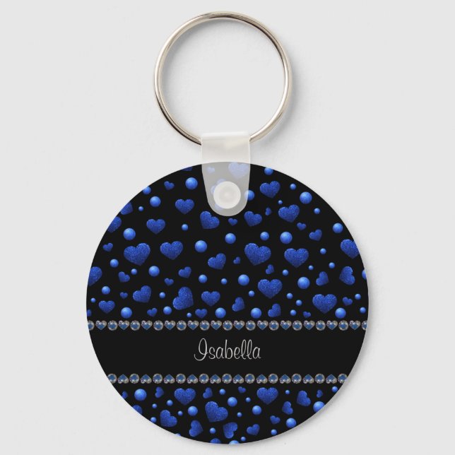Custom name, Blue heart glitter pattern Keychain (Front)