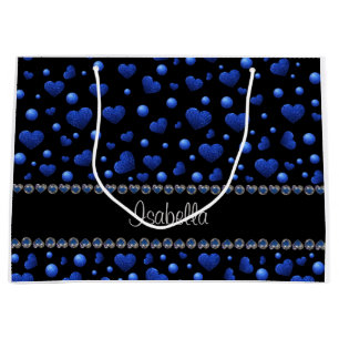 Custom name, Blue heart glitter pattern Large Gift Bag