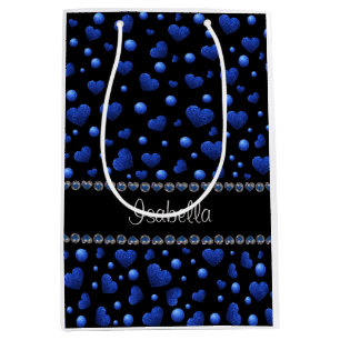 Custom name, Blue heart glitter pattern Medium Gift Bag