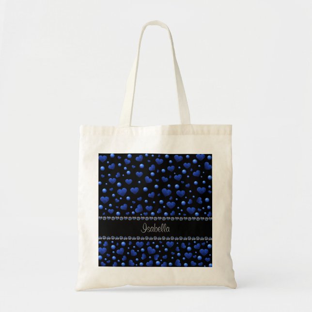 Custom name, Blue heart glitter pattern  Tote Bag (Front)
