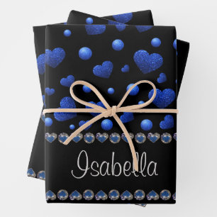 Custom name, Blue heart glitter pattern  Wrapping Paper Sheet