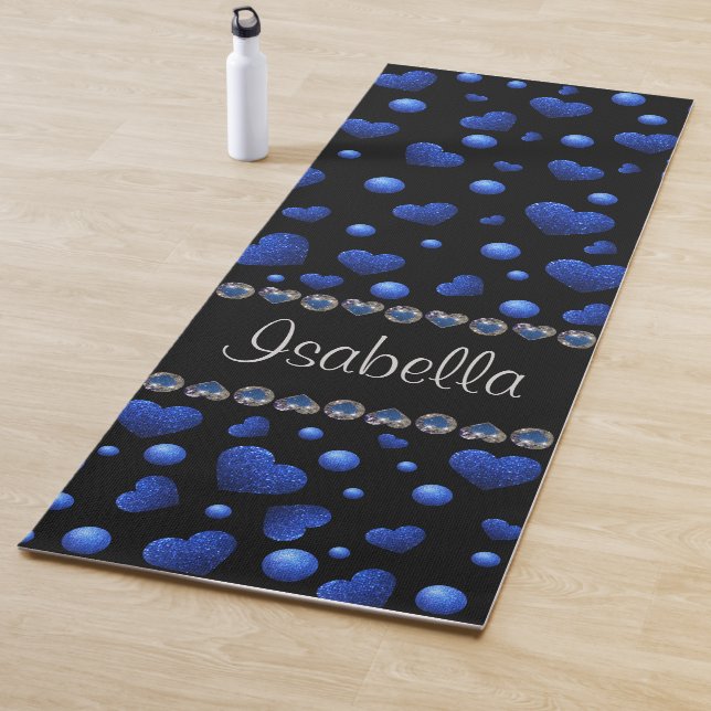Custom name, Blue heart glitter pattern  Yoga Mat (In Situ)