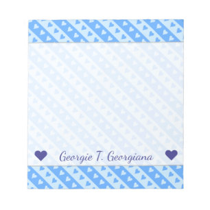 Custom Name + Blue Hearts and Stripes Pattern Notepad