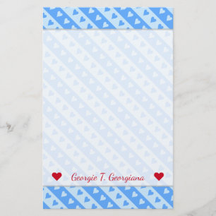 Custom Name + Blue Hearts and Stripes Pattern Stationery