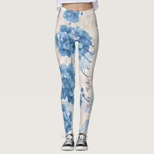 Custom Name Blue Hydrangea Botanical Leggings