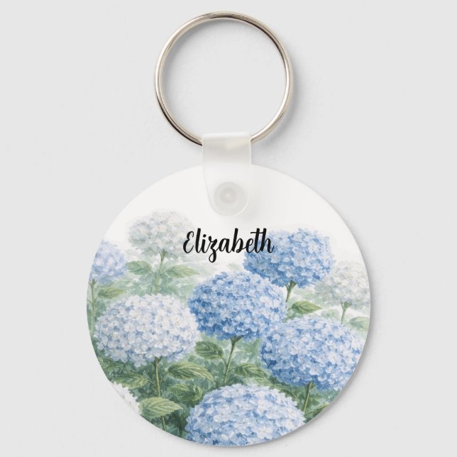 Custom Name Blue Hydrangea Painting Keychain (Front)