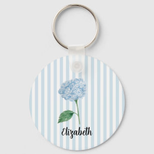 Custom Name Blue Hydrangea Painting Stripe Keychain