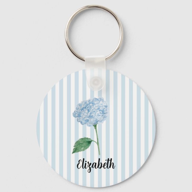 Custom Name Blue Hydrangea Painting Stripe Keychain (Front)