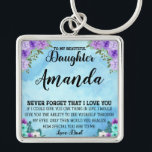 Custom Name Blue Message for Daughter from Dad Keychain<br><div class="desc">Show your daughter how much she means to you with this custom name design. Featuring her name in a beautiful blue background with purple flowers and a warm message, this design will become a cherished keepsake for years to come. Perfect for birthdays, graduations, or just because, give her a gift...</div>