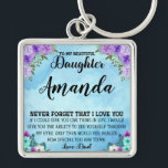 Custom Name Blue Message for Daughter from Dad Keychain<br><div class="desc">Show your daughter how much she means to you with this custom name design. Featuring her name in a beautiful blue background with purple flowers and a warm message, this design will become a cherished keepsake for years to come. Perfect for birthdays, graduations, or just because, give her a gift...</div>