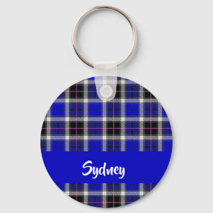 Custom name blue plaid pattern keychain