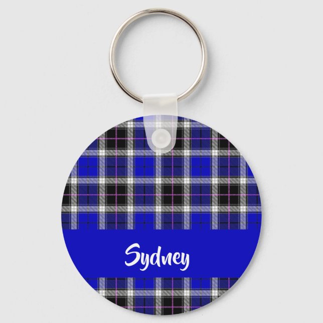 Custom name blue plaid pattern keychain (Front)
