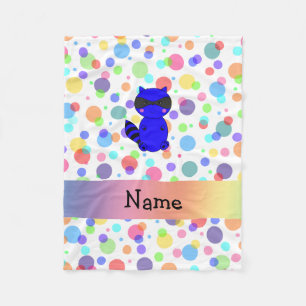 Custom name blue raccoon rainbow polka dots fleece blanket