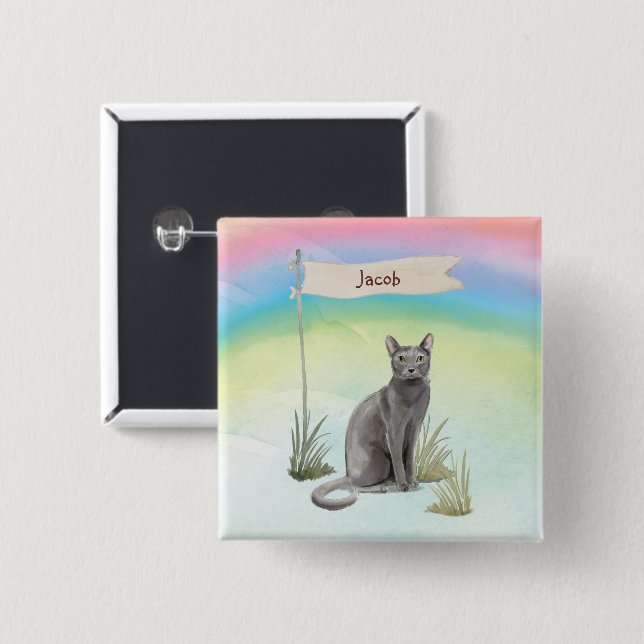 Custom Name Blue Russian Cat Pet 2 Inch Square Button (Front & Back)
