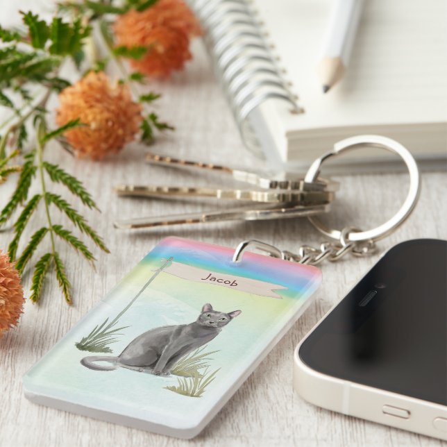 Custom Name Blue Russian Cat Pet Keychain (Front Right)