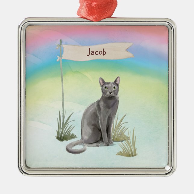 Custom Name Blue Russian Cat Pet Metal Ornament (Front)