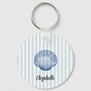 Custom Name Blue Seashell Scallop Painting Stripe Keychain