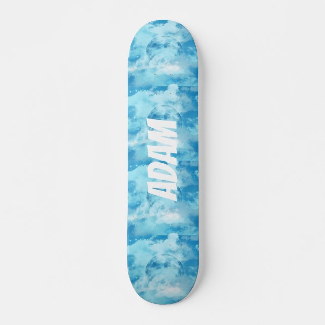 Custom Name Blue Sky Clouds Dreamy Aesthetic  Skateboard (Front)