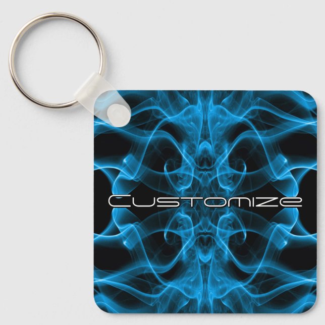Custom Name Blue Smoke Symmetrical Black Keychain (Front)