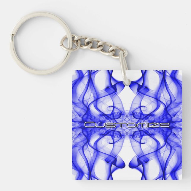Custom Name Blue Smoke Symmetrical White Keychain (Front)