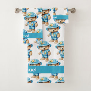 Custom Name Blue Teddy Bear Boy's Bath Towel Set