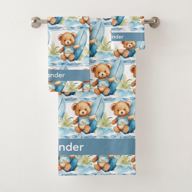 Custom Name Blue Teddy Bear Boy's Bath Towel Set (Insitu)