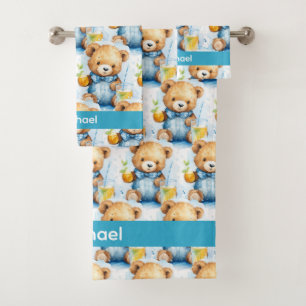 Custom Name Blue Teddy Bear Boy's Bath Towel Set