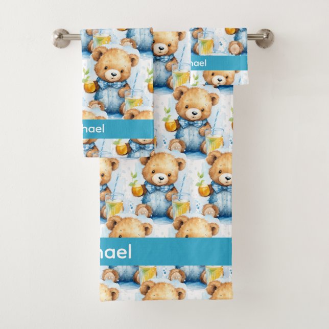 Custom Name Blue Teddy Bear Boy's Bath Towel Set (Insitu)