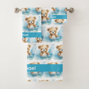 Custom Name Blue Teddy Bear Boy's Bath Towel Set