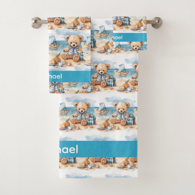 Custom Name Blue Teddy Bear Boy's Bath Towel Set (Insitu)