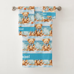 Custom Name Blue Teddy Bear Boy's Bath Towel Set