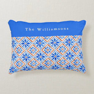 Custom Name Blue Terracotta Mediterranean Tile Accent Pillow